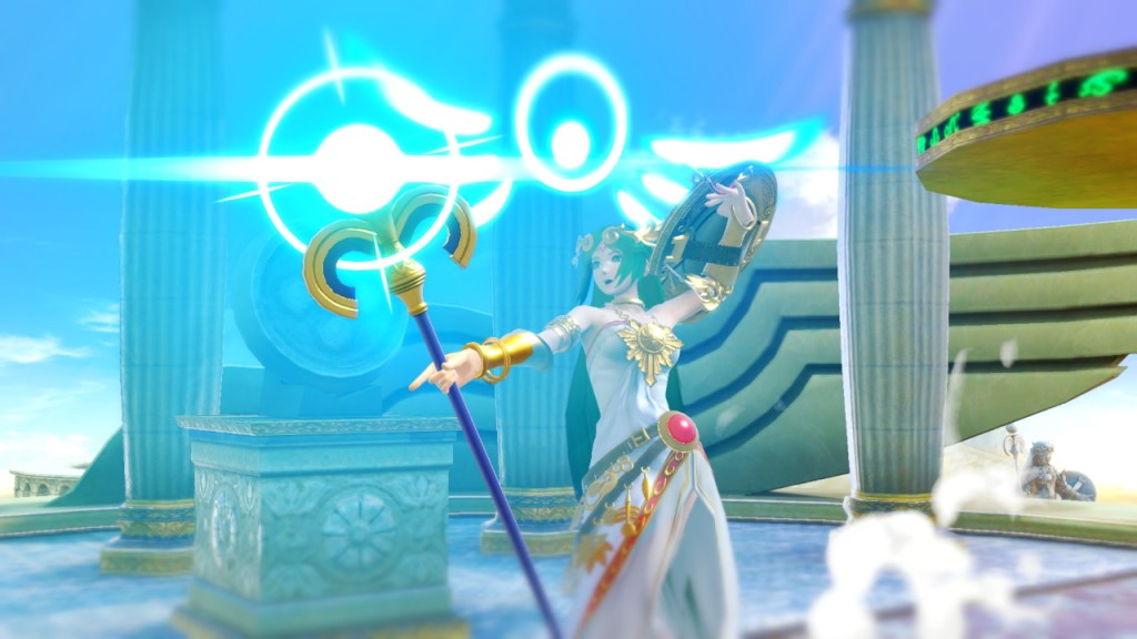 Palutena amiibo attacking opponent.